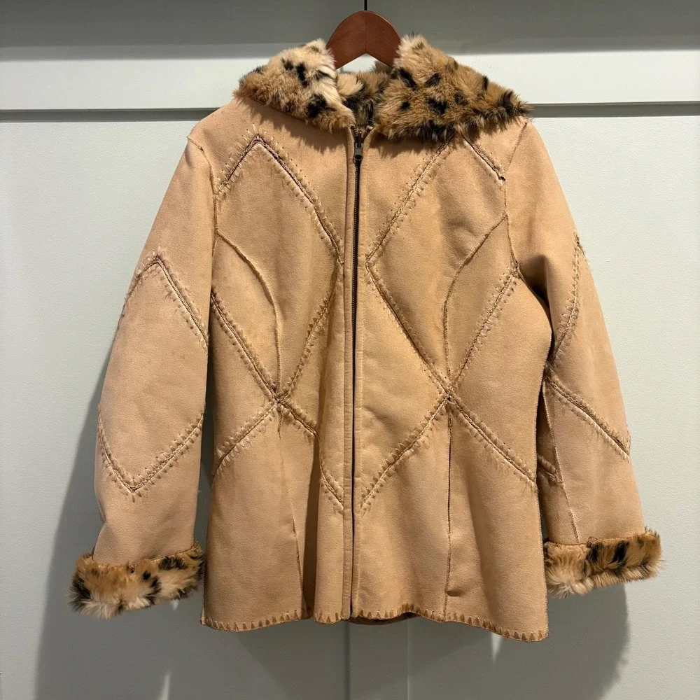 Vintage Y2K Penny Lane Coat Leopard Lined‎ Faux Suede Boho Festival